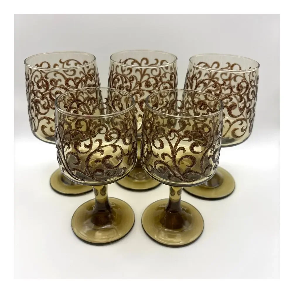 Vintage Libbey Prado Water Goblets (3)Wine Goblets(2) Scroll Pattern Brown